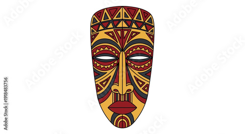 Vibrant tribal mask with colorful geometric patterns and bold design