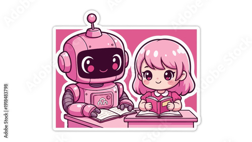 3D Cute A cartoon robot and a girl working together at a desk illustration