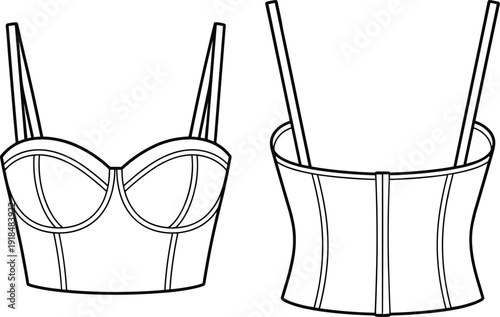 Bustier top front and back view, fashion garment sketch, structured lingerie design, vector template, cad drawing flat vector illustration