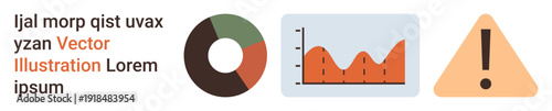 Data analysis, business reports, risk management, information visualization, warnings, research tools. Pie chart, line graph and warning icon. Data analysis and business reports concept