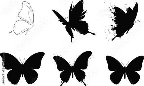 Butterfly silhouette vector set, black and white ink splatter style, minimalist and artistic insect designs for nature, tattoo, decoration, graphic content