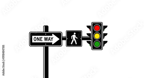 Traffic Light, Pedestrian Signal, and One Way Sign on Pole