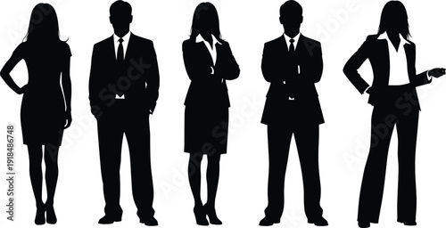 Business people silhouettes set, professional men and women standing poses, corporate team leadership concept, office career figures, black flat vector illustration, isolated on white