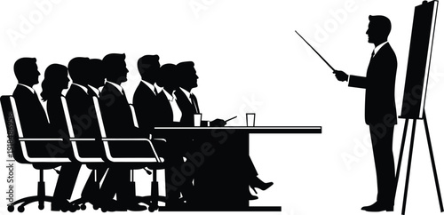 Business professionals attending formal presentation with instructor pointing at flip chart in detailed silhouette style, corporate training meeting vector illustration for workplace communication 