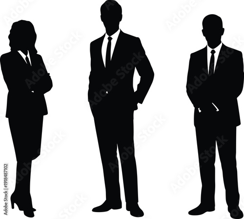 Business silhouettes standing in formal attire, professional pose, corporate team concept, workplace diversity, black vector illustration, minimal design, leadership representation