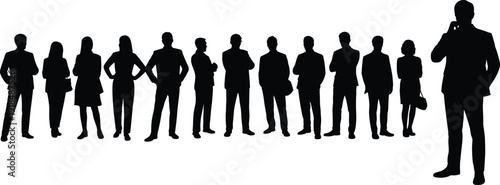 Business team silhouettes, corporate professionals standing in row, leadership concept, teamwork unity, office people illustration, communication and networking vector art