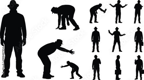 Businessman silhouette poses vector illustration set, man standing walking bending and gesturing actions, corporate lifestyle concept, minimal black character collection design