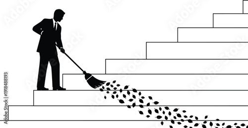 Businessman silhouette sweeping falling leaves from stairs with broom, concept of cleaning up mess, black vector illustration isolated on white background.