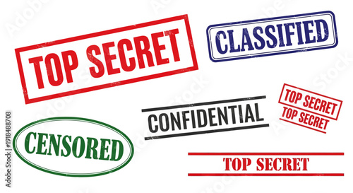 Collection of assorted confidential stamps and labels displayed on a clean white surface for official documents