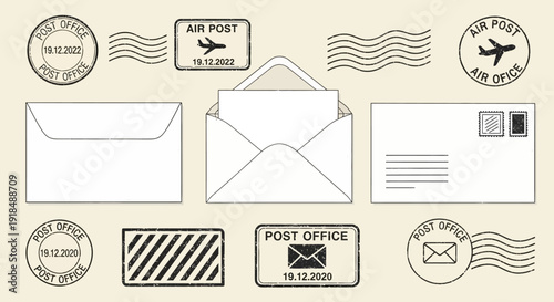 Set of Hand-Drawn Envelopes and Postal Stamps on a Beige Background, Depicting Mail and Correspondence Illustration