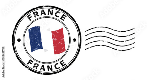 French flag emblem in a circular postal stamp with wavy lines, symbolizing France, postage, and national identity