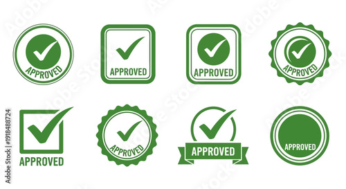 Collection of green approval stamps and checkmarks in various shapes and designs on a clean background