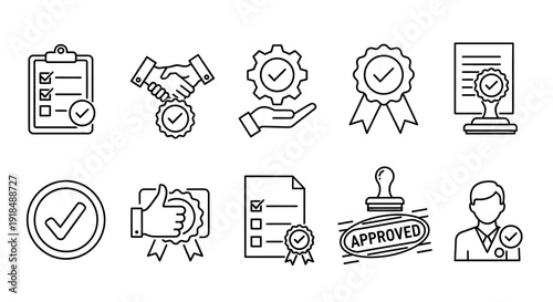 Collection of icons representing approval, agreement, and verification processes in a business or professional setting, depicted in a line art style