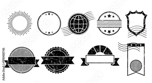 A collection of black and white design elements including badges, ribbons, and circular icons with various patterns and textures are displayed in a grid layout.