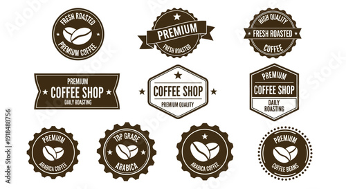 Collection of Coffee Shop Badges and Labels with Various Designs and Premium Quality Indications