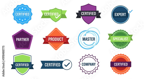 A collection of various colorful certification badges and labels displayed together, showcasing different designs and shapes, in a flat graphic illustration style.