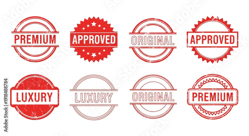 Collection of Luxury and Premium Quality Stamps and Seals in Various Red Tones and Designs on a Neutral Background from a Straight-On Viewpoint