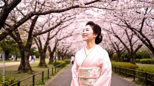 Japanese Woman Walking Under Cherry Blossom Trees in Spring