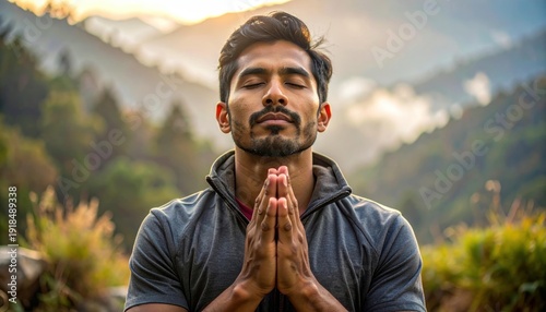 Man Practicing Yoga in Mountainous Landscape.