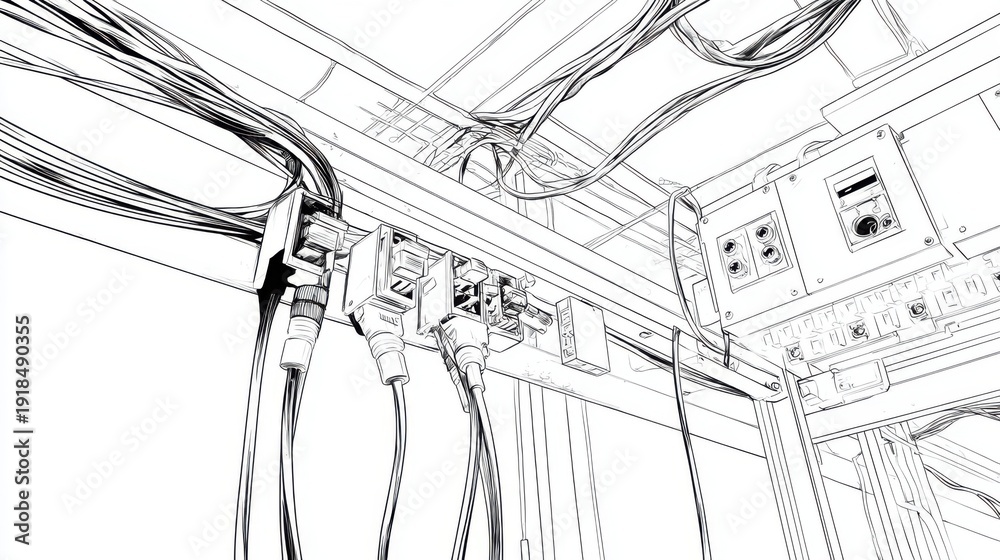 Obraz premium Intricate Wiring and Connectors in a Technical Environment Sketch
