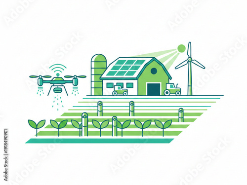 Smart Agriculture Concept with Autonomous Drone, Solar Powered Farm, and IoT Sensors for Sustainable Precision Farming.