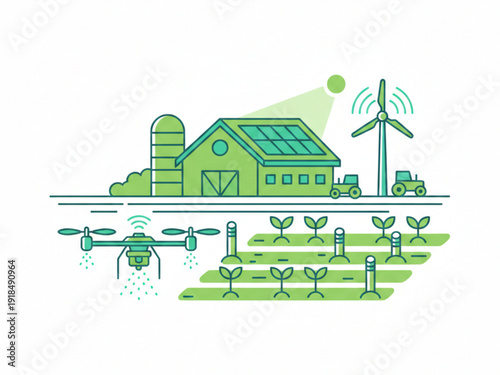 Smart Agriculture Concept with Autonomous Drone, Solar Powered Farm, and IoT Sensors for Sustainable Precision Farming.