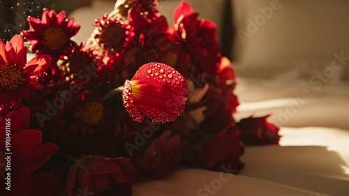 Close-up of a vibrant red bouquet of flowers resting on a crisp white bedsheet with gentle sunlight creating a romantic atmosphere