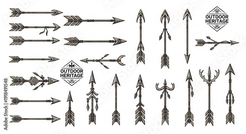 Various arrows and hunting icons on white background for outdoor heritage