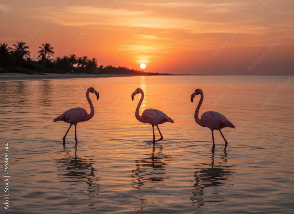 Fototapeta premium Three flamingos wade in calm water during a golden sunset, palms silhouetted