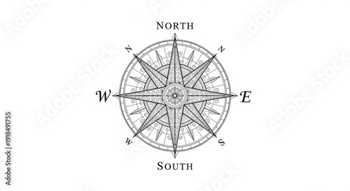 Vintage black and white compass rose with north south east west directions on white background for navigation