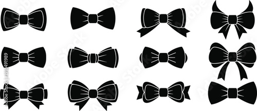 Bow tie silhouettes vector illustration set, elegant ribbon bow collection for fashion accessories, formal wear design elements, decorative black icons isolated on white background