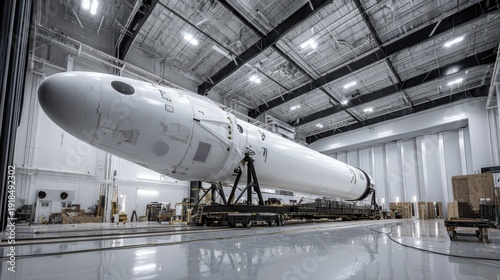 assembled vertically inside aerospace facility on blurred background