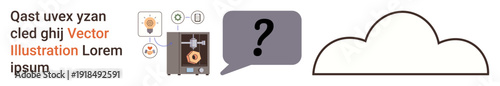 Data storage, online security, cloud technology, cybersecurity, encryption, and information systems. Elements include a cloud, a question mark and a secure vault icon. Data storage and security