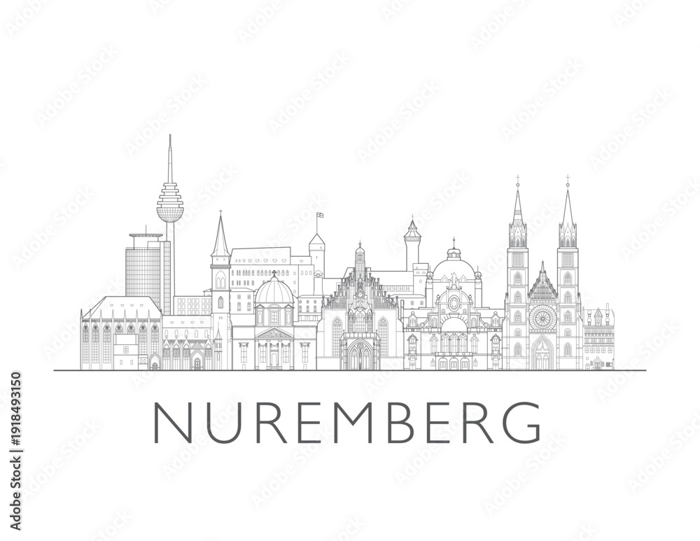 Fototapeta premium Nuremberg skyline, Germany. Urban cityscape with landmarks and monuments. Hand drawn line art digital skyline illustration.