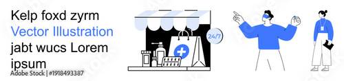 E-commerce, healthcare services, digital shopping, pharmaceutical outreach, telehealth, online consultation. Shopping bag with health icon, store and people interacting. E-commerce and healthcare