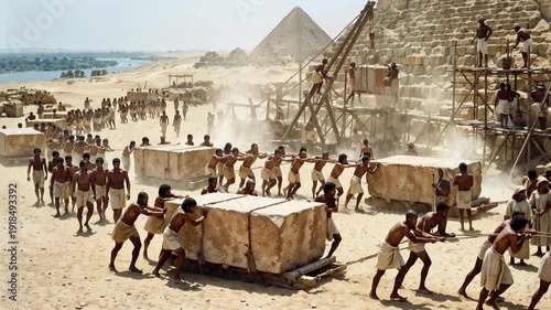 Ancient Egyptian workers hauling massive stone blocks near the pyramids of Giza under a blazing sun, depicting monumental construction labor.