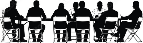 Business meeting silhouette, group of people sitting at table back view, panel discussion or jury members, black and white vector illustration