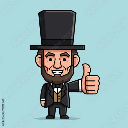 Smiling Abraham Lincoln Mascot Giving Thumbs Up. Cute Chibi Cartoon Character of the US President in a Top Hat Vector Illustration.