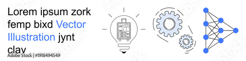 Artificial intelligence, technology, innovation, automation, machine learning, engineering concepts. Light bulb, gears and neural network icons. Artificial intelligence and technology
