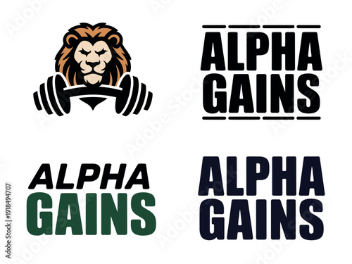Multiple logo variations for Alpha Gains featuring a lion lifting weights and bold typography designs.