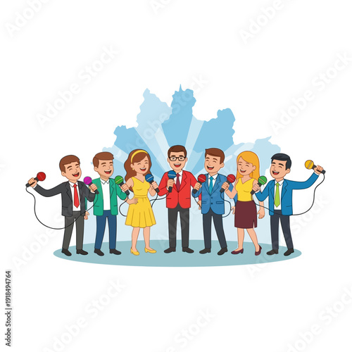 Happy Journalists and Reporters Holding Microphones at Press Conference. Media News Team Cartoon Vector Illustration.