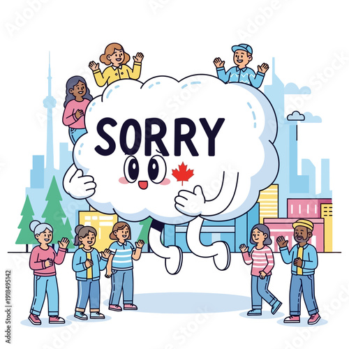 Cute Canadian "SORRY" Cloud Mascot and Diverse Community Waving in Front of Toronto City Skyline Illustration