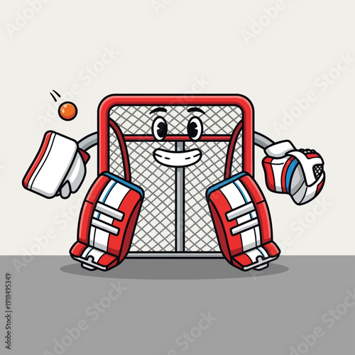 Cute Cartoon Hockey Goal Net Mascot Goalie Character Defending Shot with Pads and Glove