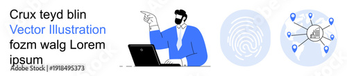 Online security, identity verification, data management, global communication, authentication, remote work. Man with laptop, fingerprint and network icons. Online security and identity verification