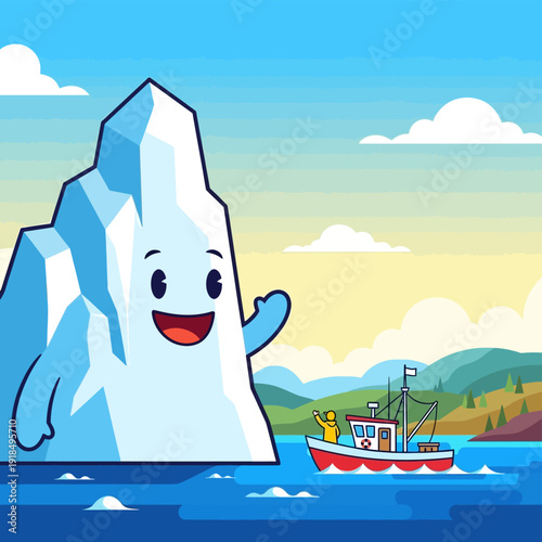 Happy Cartoon Iceberg Mascot Waving at Fishing Boat. Arctic Greeting Vector Illustration.