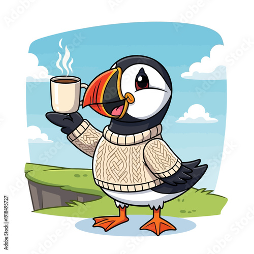Atlantic Puffin Cartoon in Cable Knit Sweater Drinking Hot Coffee or Tea Mug