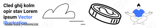 Cloud storage, digital finance, online trends, mindfulness, virtual work, modern solutions. Features a cloud, coin and person meditating. Cloud storage and digital finance concept