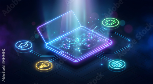 Wallpaper Mural Futuristic digital education and online learning concept with glowing laptop computer and colorful icons for global knowledge graduate graduation bulb idea and puzzle problem solving Torontodigital.ca