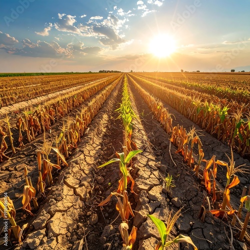 A vast agricultural field at sunset with withered crops