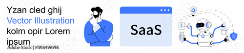 Software services, technology automation, AI tools, online platforms, user interfaces, business solutions. Thinking man, SaaS interface robot with tools. Software services and technology automation